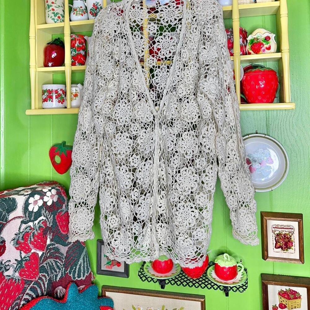 Vintage boho cottagecore fairycore crochet knit floral sheer longsleeve cardigan